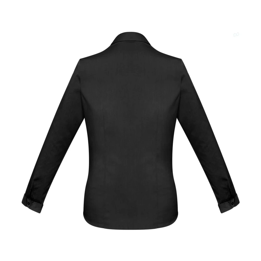 A women's long sleeve button-up shirt in black, featuring a classic collar and a tailored fit. It has a logo.