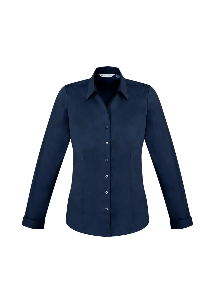 A women's long sleeve button-up shirt in navy blue, featuring a fitted design and a collar, with a logo present.