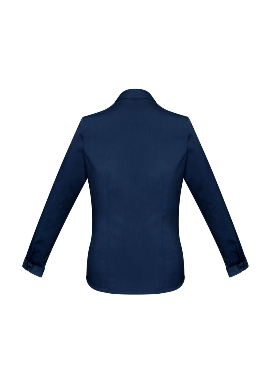 A navy women's button-up shirt featuring long sleeves and a classic collar, with a branded logo.