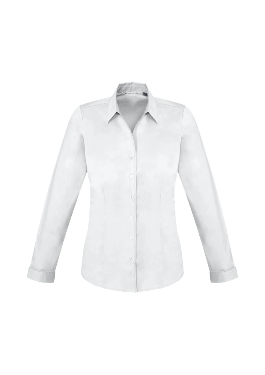 A white women's long sleeve button-up shirt with a collar and a fitted design. It features a logo.