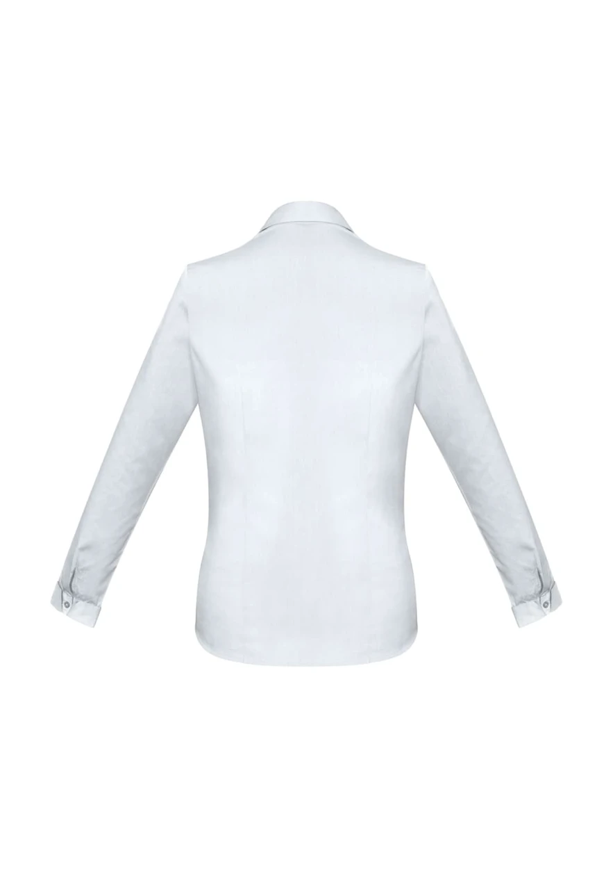 A white long sleeve button-up shirt with a collared neckline and cuffs. The back view highlights its tailored design.