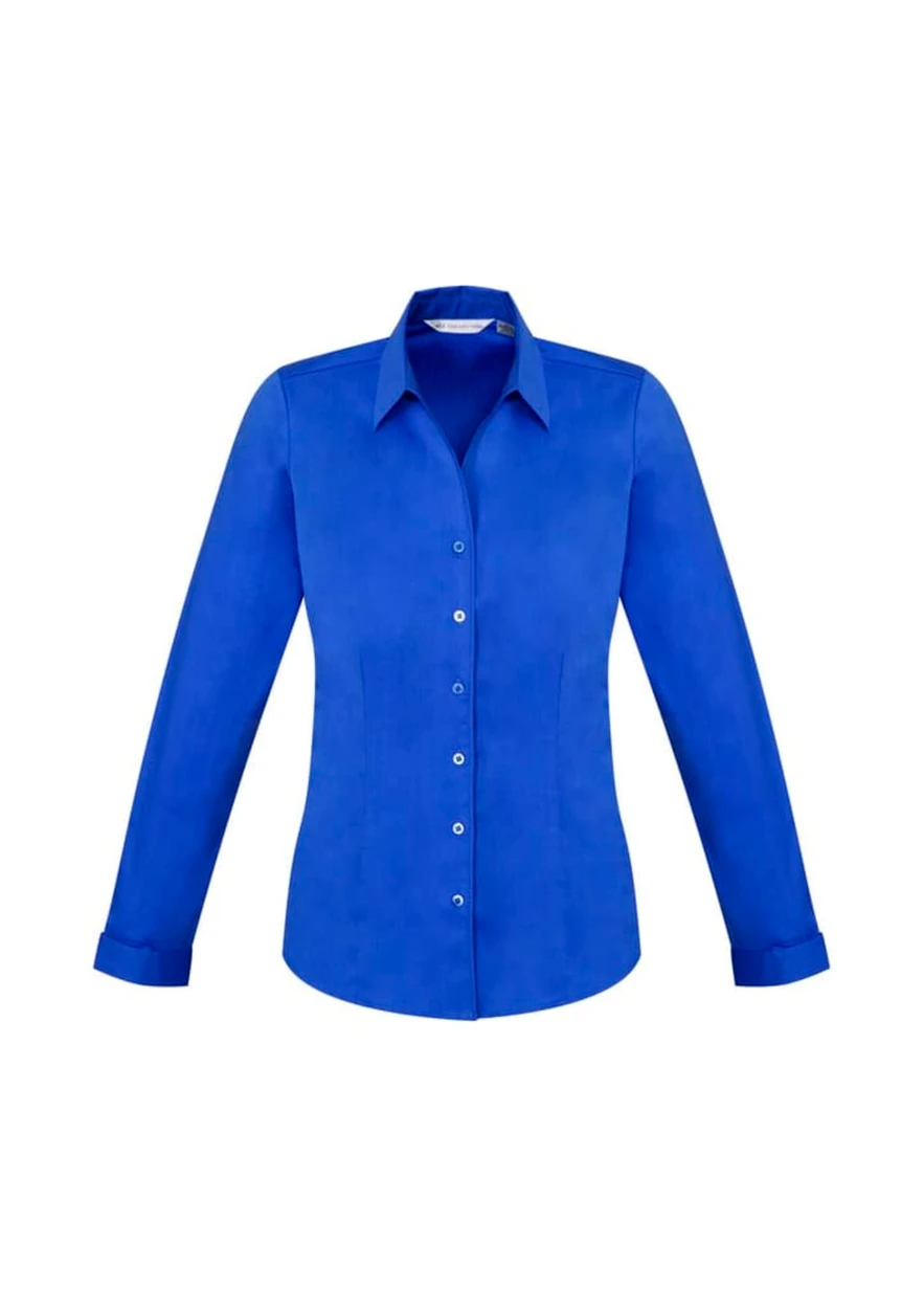 A women's long sleeve button-up shirt in bright blue, featuring a classic collar and button front.