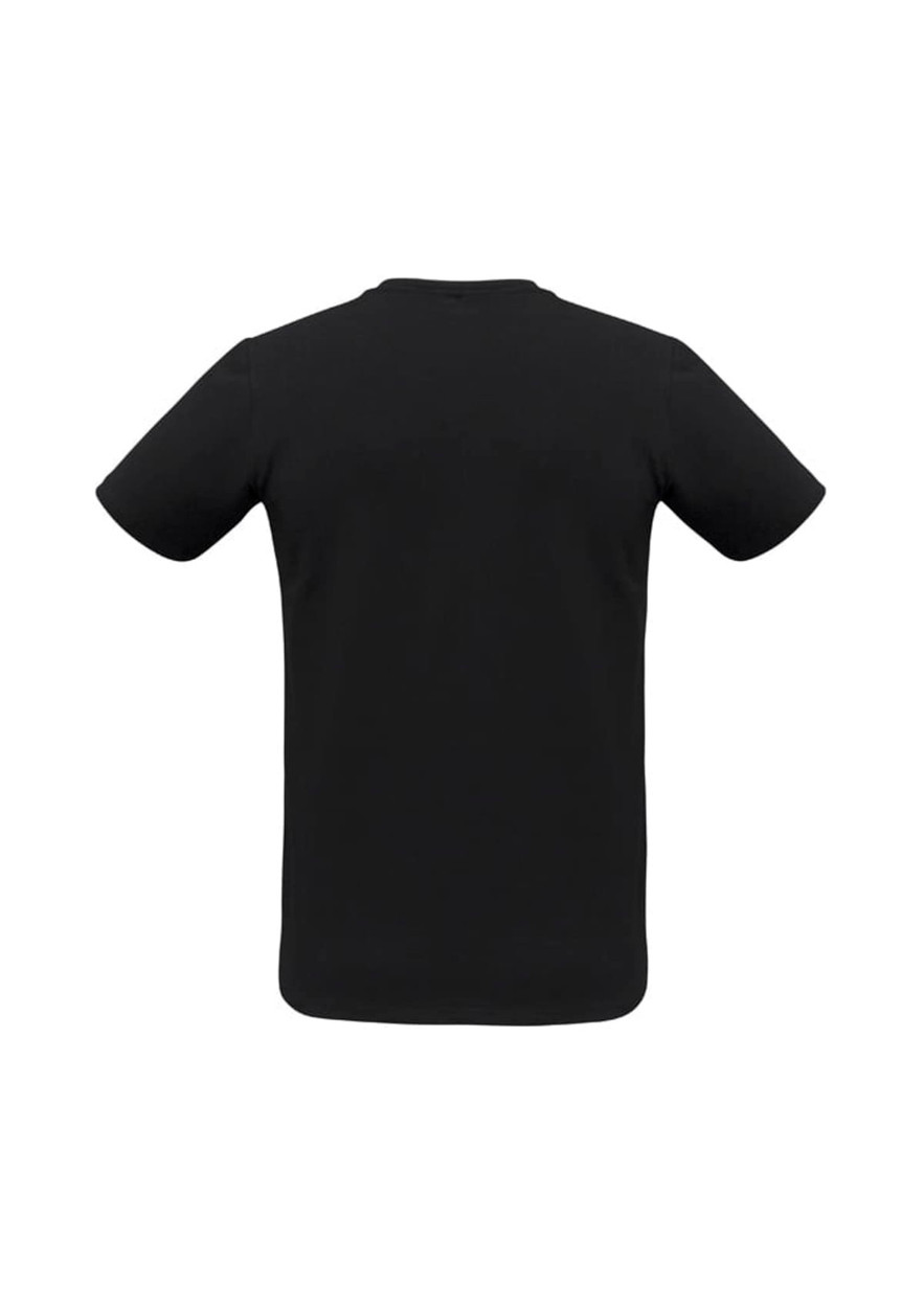 A black men's short sleeve tee with a classic cut, featuring a logo on the back.