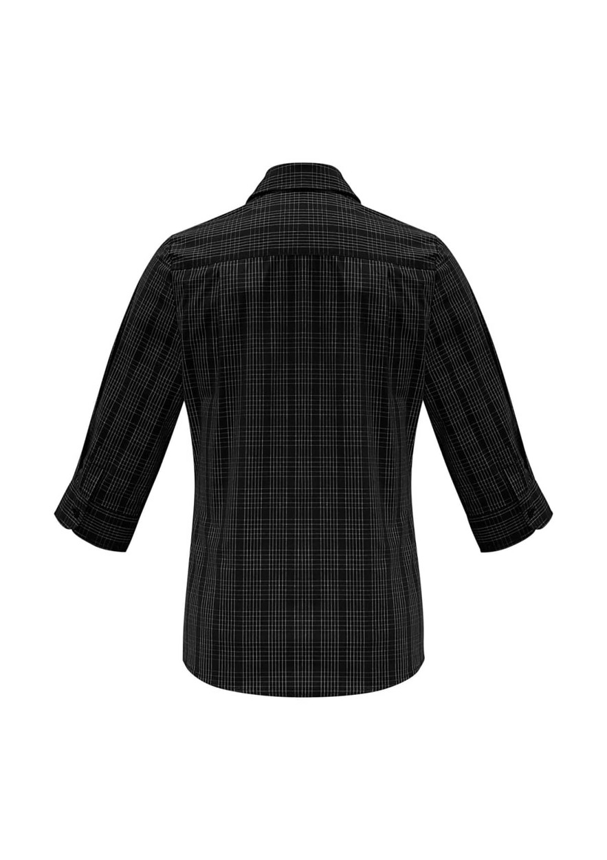 A black and white checkered women's button-up shirt with 3/4 sleeves and a collar, featuring a logo.