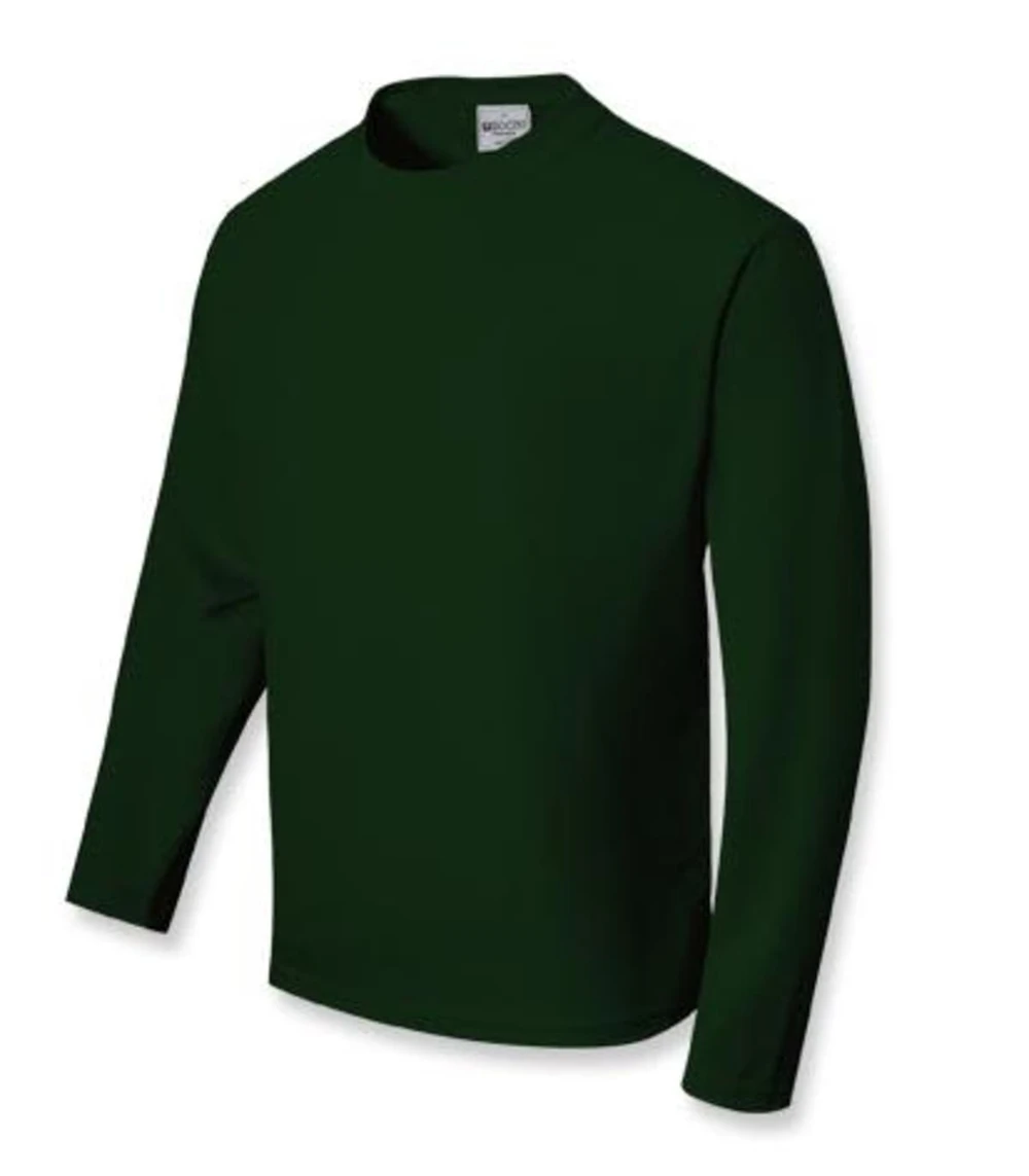 A unisex long sleeve tee shirt in dark green, featuring a crew neck design and a plain front.