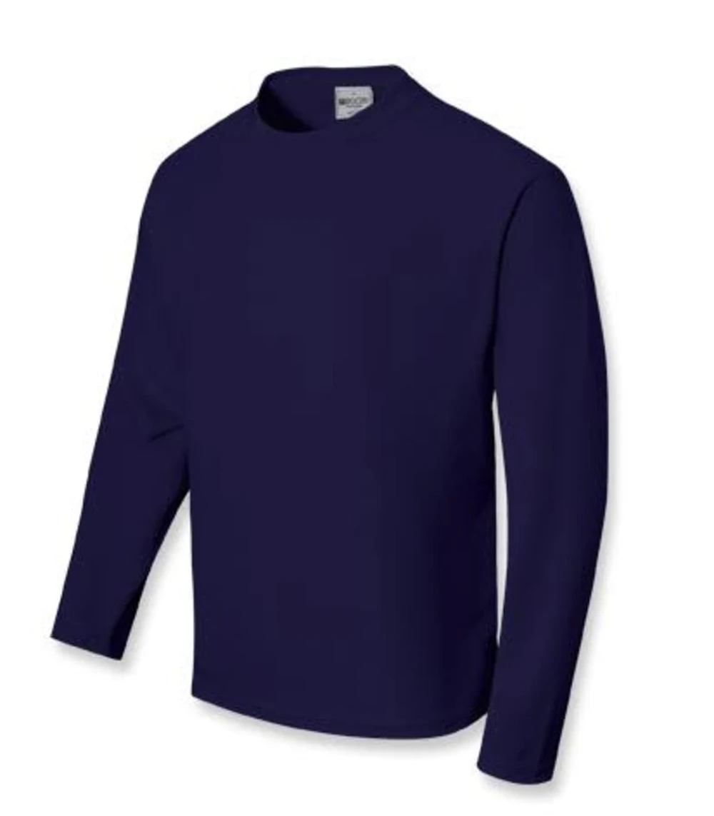 A navy unisex long sleeve tee shirt with a simple design and a round neckline, featuring a logo.