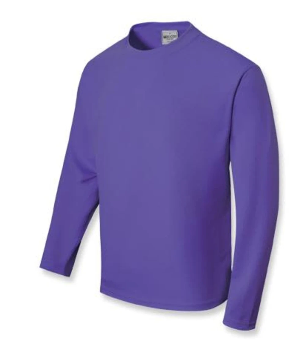 A unisex long sleeve tee shirt in a vibrant purple colour, featuring a round neckline and a logo.