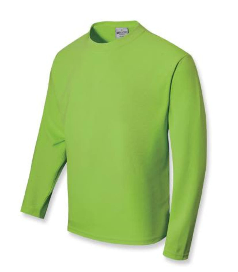 A bright green unisex long sleeve tee shirt displayed against a white background, featuring a logo on the collar.