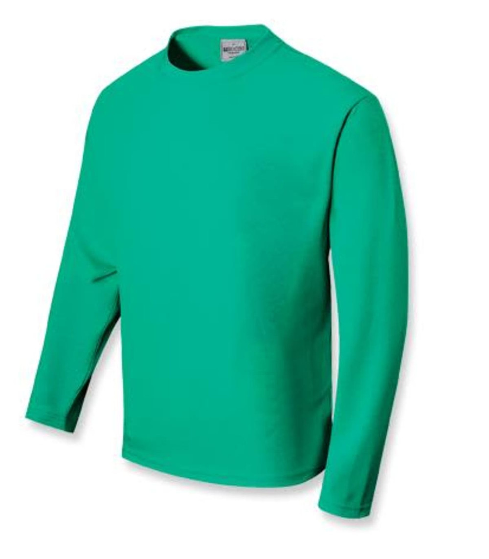A bright green unisex long sleeve tee shirt, featuring a crew neck and a simple design.