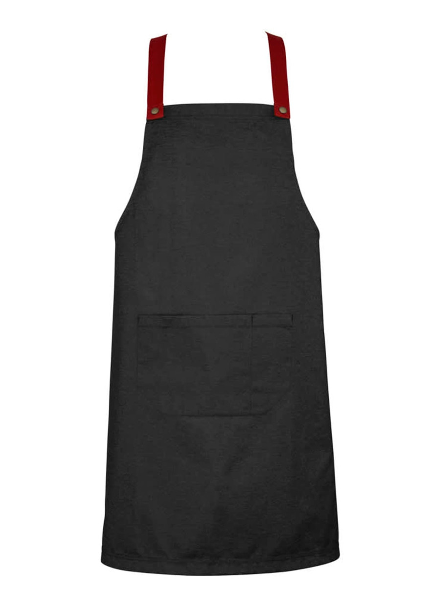 A black apron with red straps and a front pocket, featuring a branding logo.