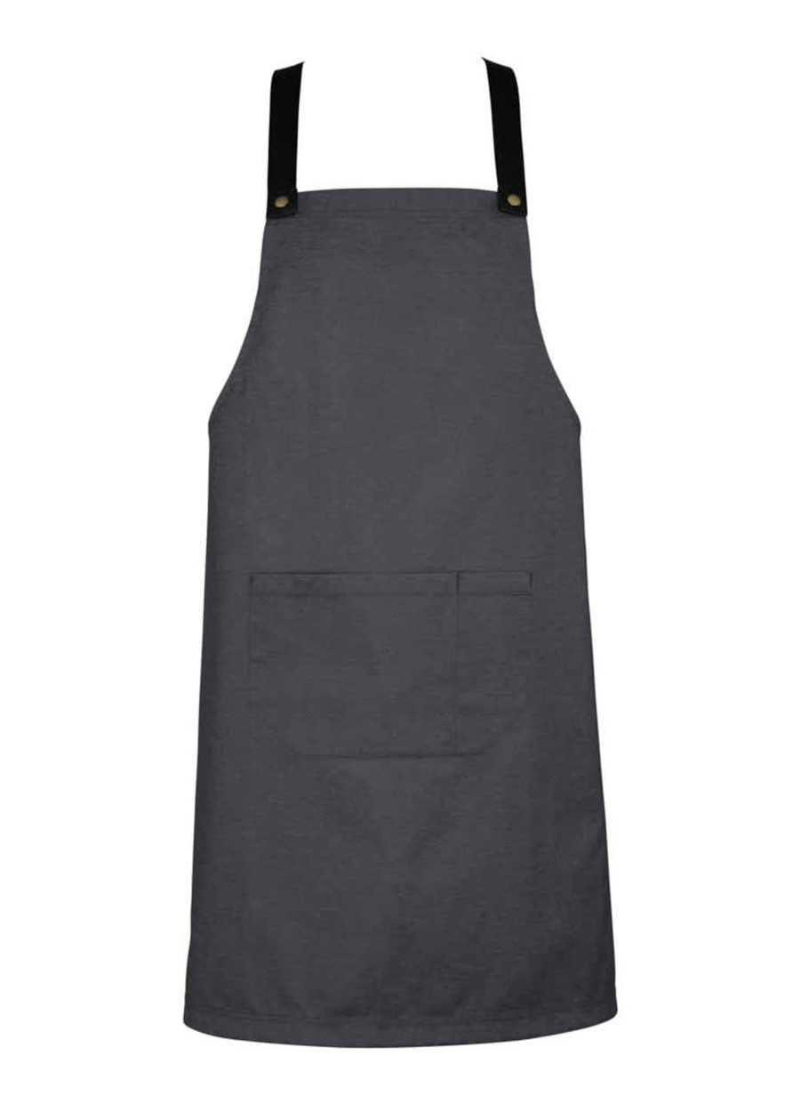 A grey apron featuring black straps and a front pocket. It has a simple design with a logo visible.