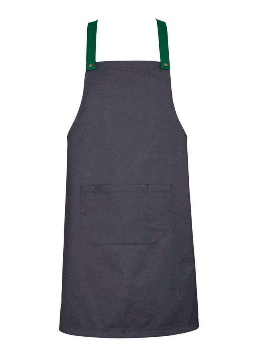 A grey apron with green straps and a front pocket, featuring a logo at the neckline.