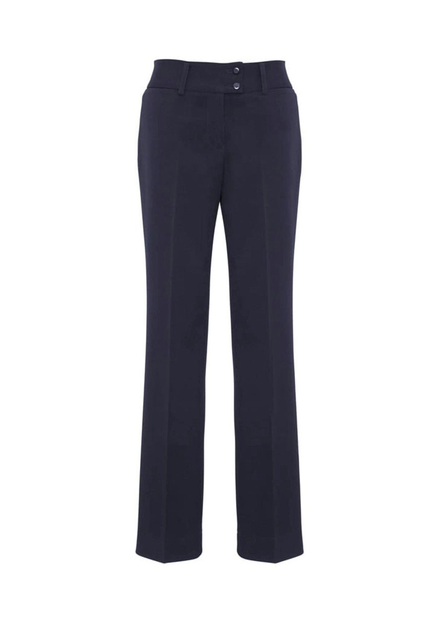 A pair of navy slacks with a straight leg design and two front buttons, featuring a logo on the waistband.
