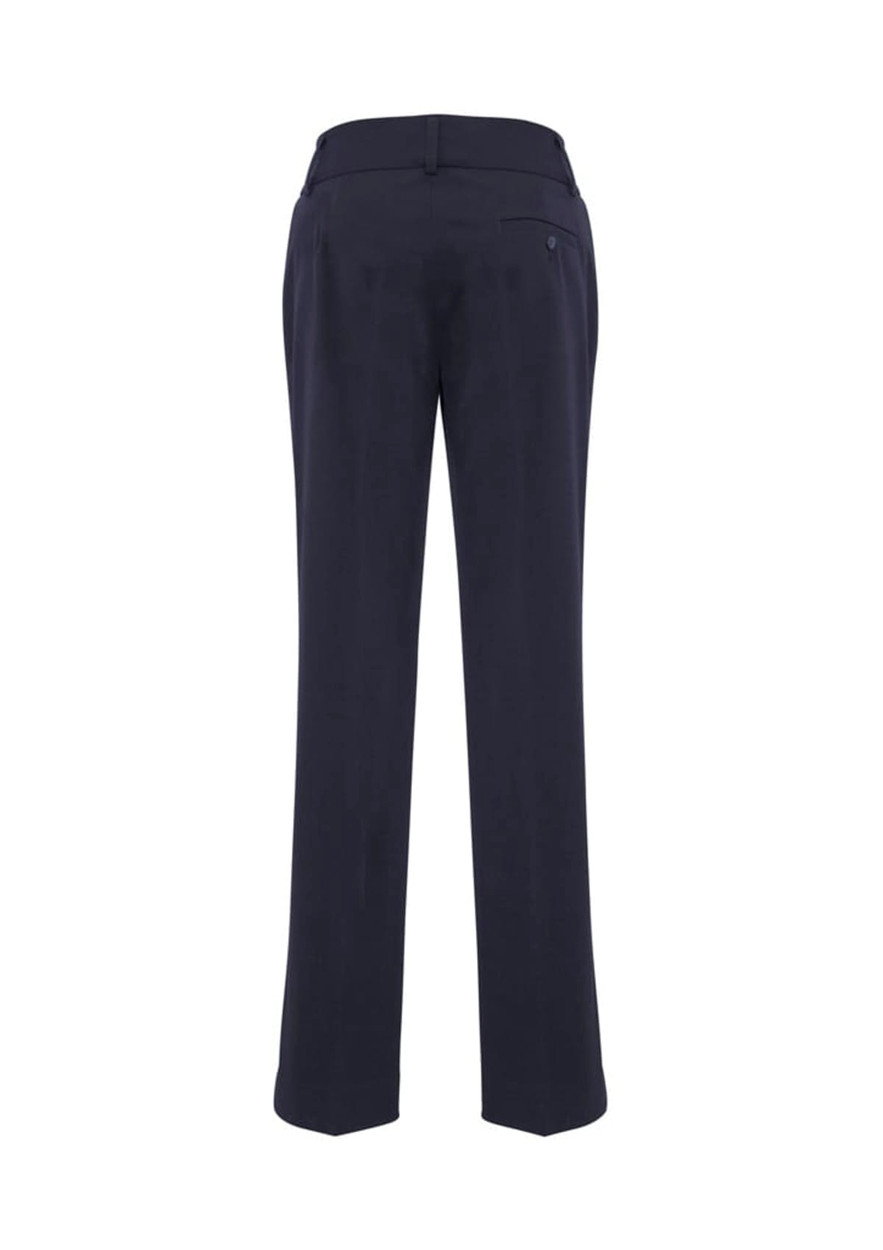 Navy blue women's slacks with a straight-leg cut and a back pocket, featuring a logo.