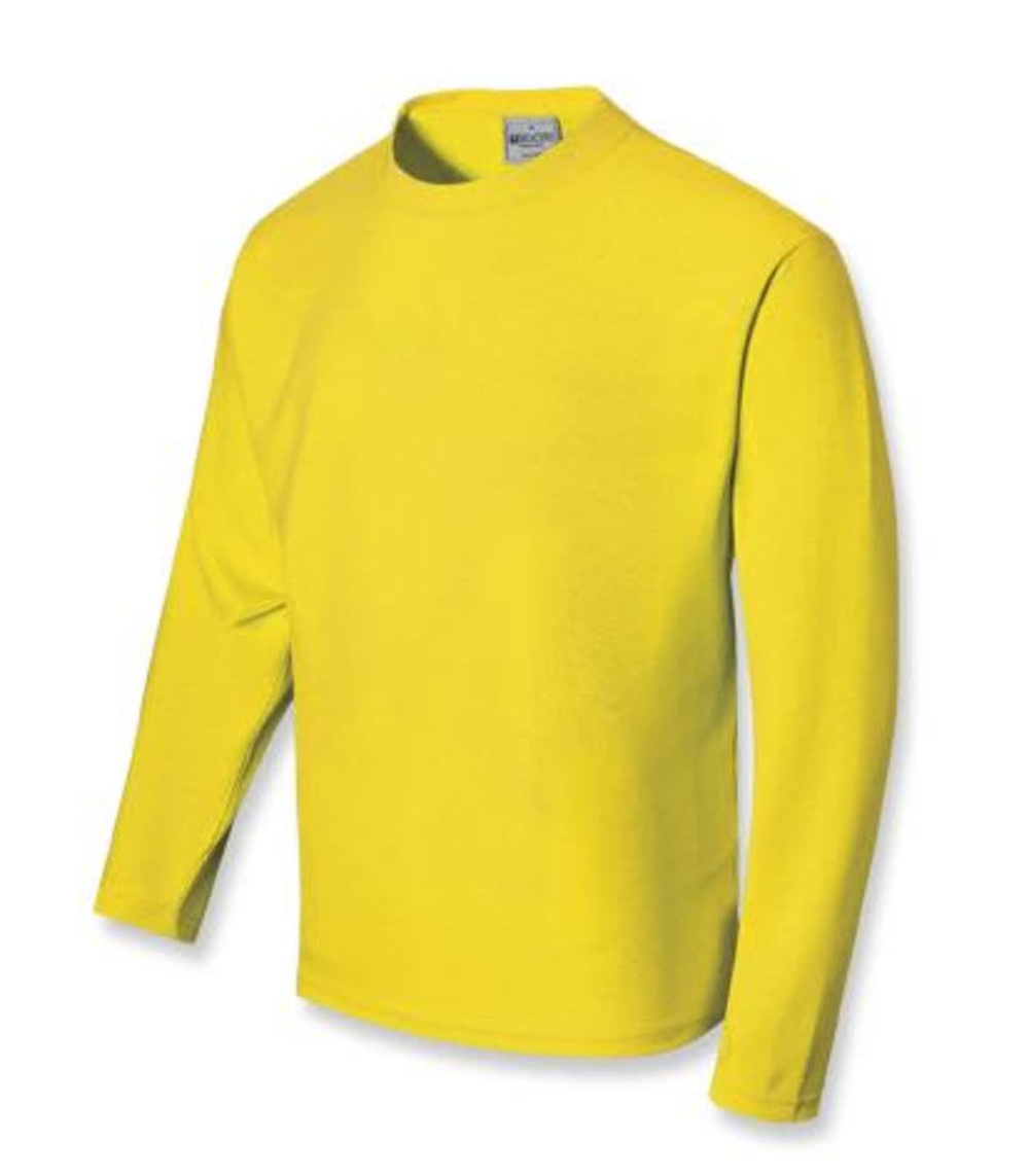 A bright yellow long sleeve tee shirt with a round neckline and a logo on the label.