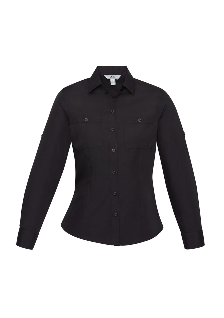 A women's black long sleeve button-up shirt featuring two chest pockets and a fitted design.
