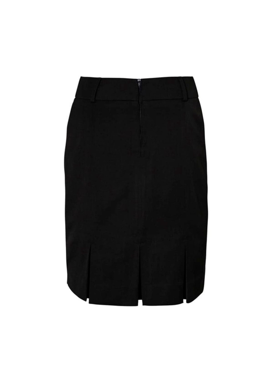 A black women's skirt featuring a fitted design and pleat detail at the hem. It includes a zip closure at the back.