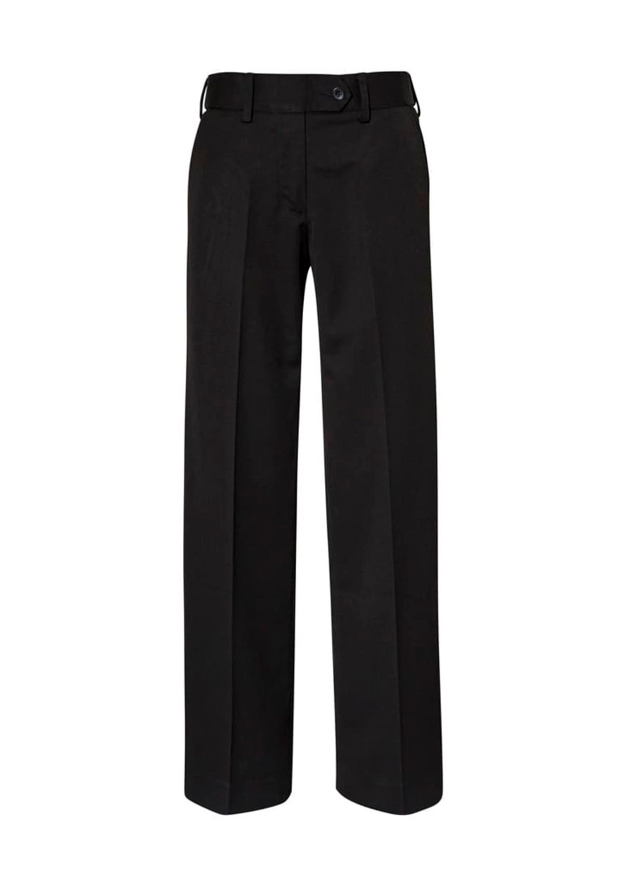 Black women's slacks with a straight leg design and a waistband featuring a button, accompanied by a logo.