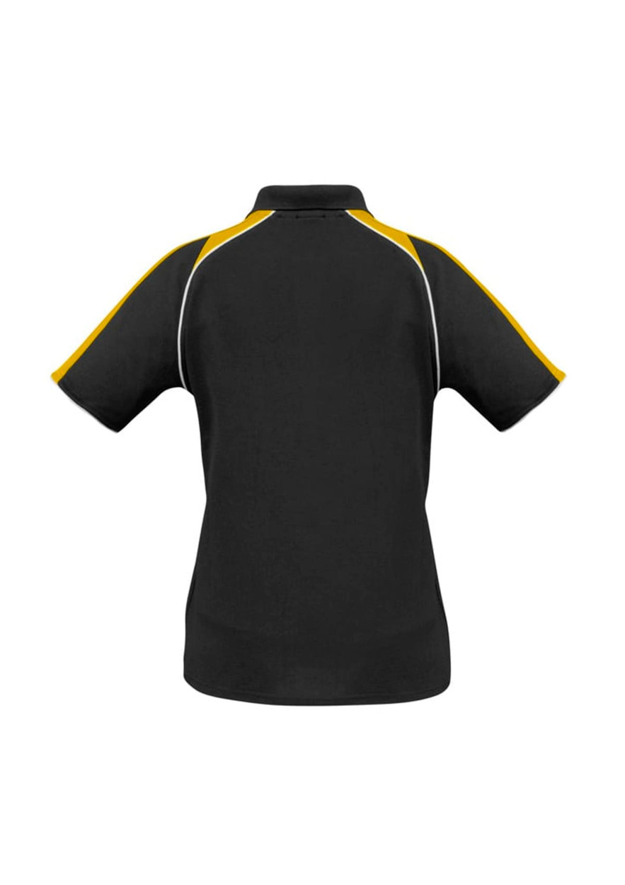 A black women's polo shirt with yellow and white accents on the shoulders, featuring a logo.