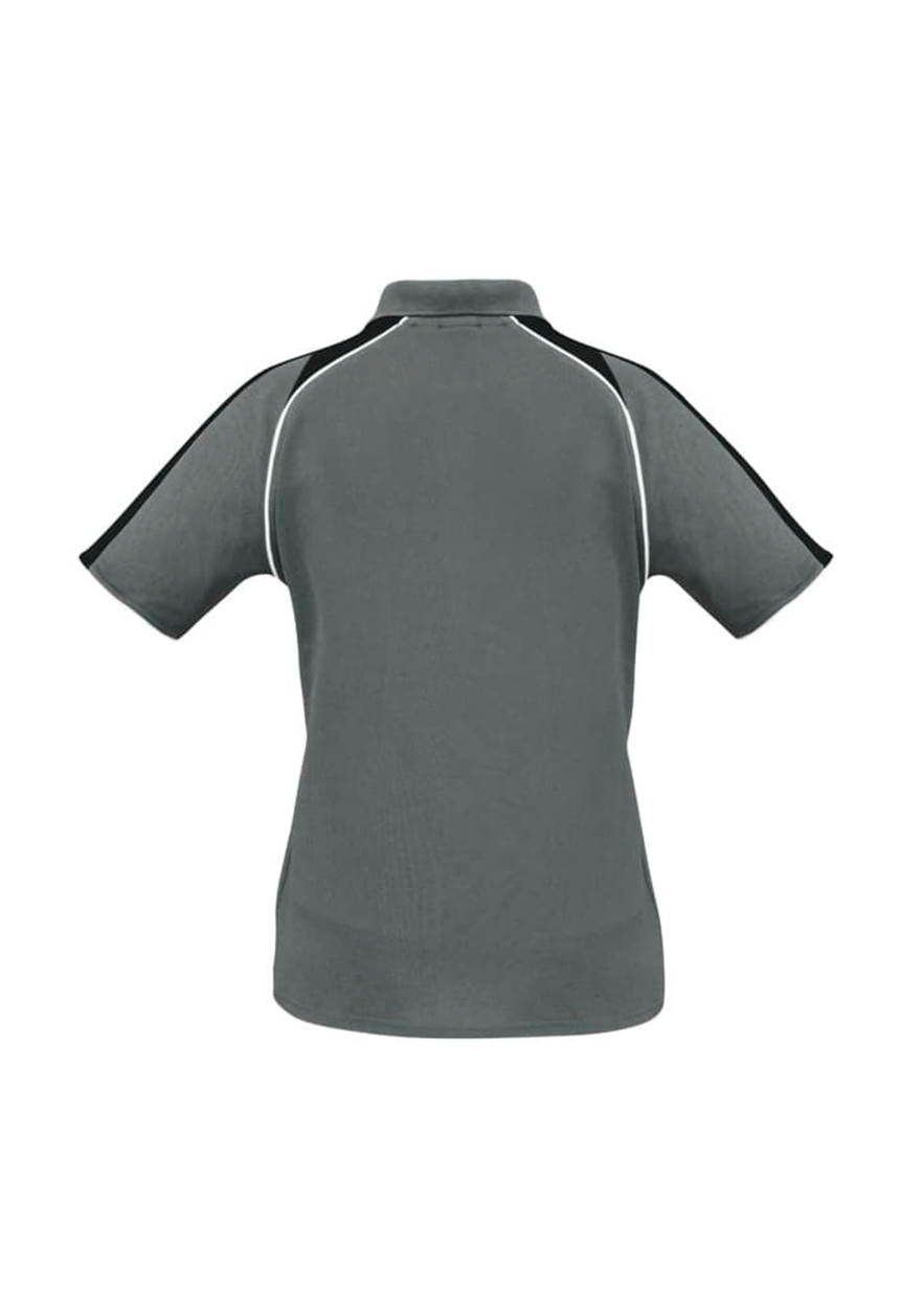 A women's short sleeve polo shirt in grey with contrasting black trim and a logo.