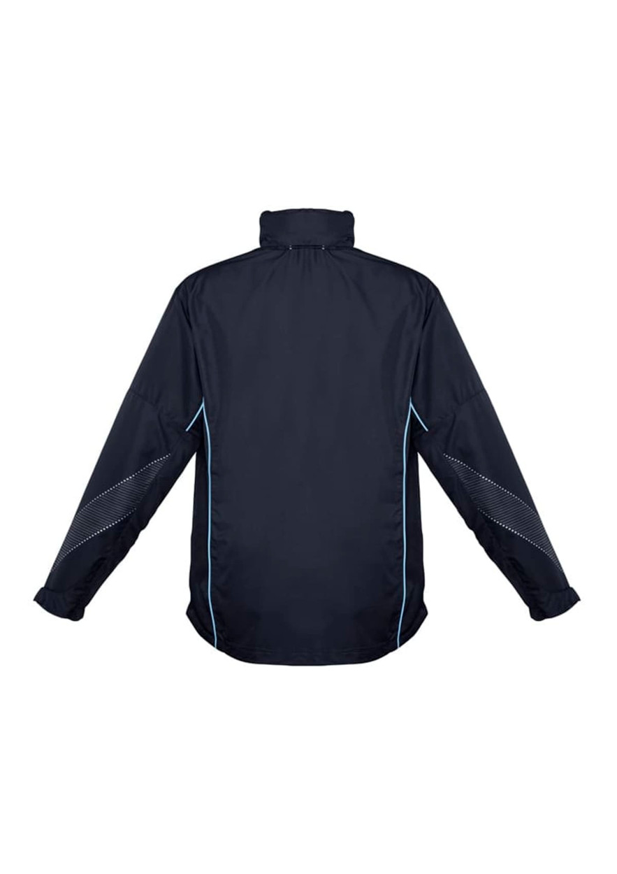 A unisex black jacket featuring light blue accents, designed with long sleeves and a high collar. It has a logo.