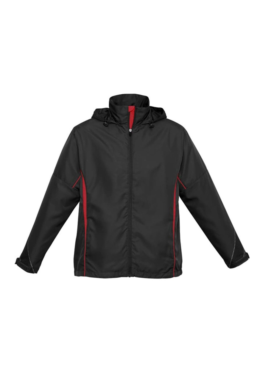 A black unisex jacket with a hood, featuring red accents along the sides and a zipper front. It has a logo.