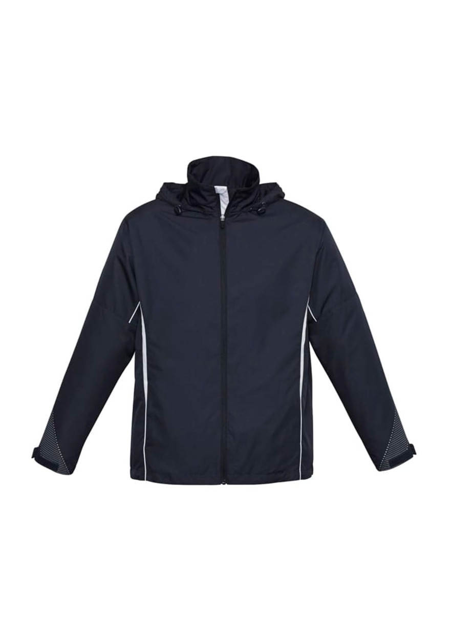 A unisex black jacket featuring a hood, zip closure, and white piping on the sides. It has a branding logo.
