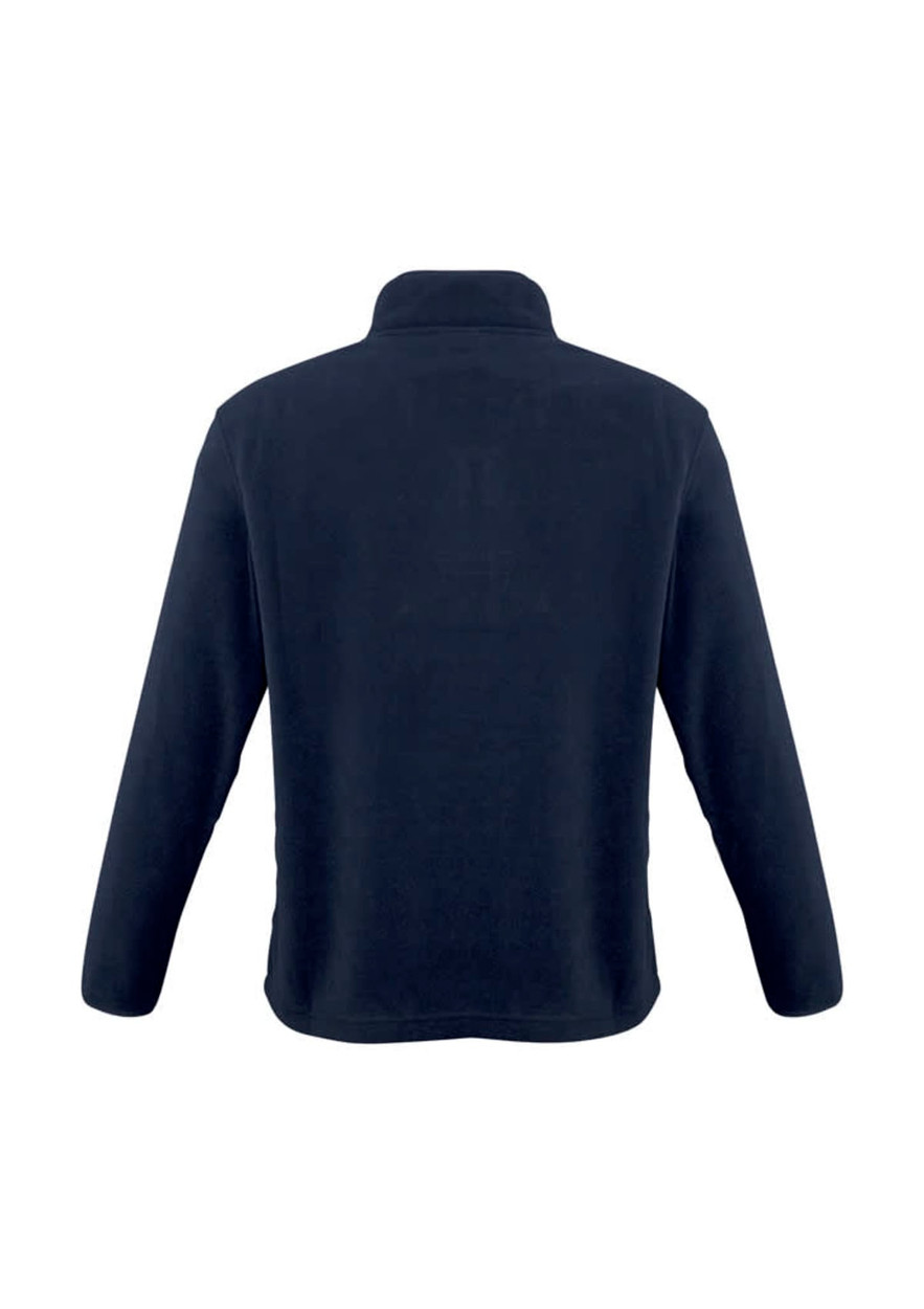 A navy polar fleece jacket with a high collar and long sleeves, featuring a logo.