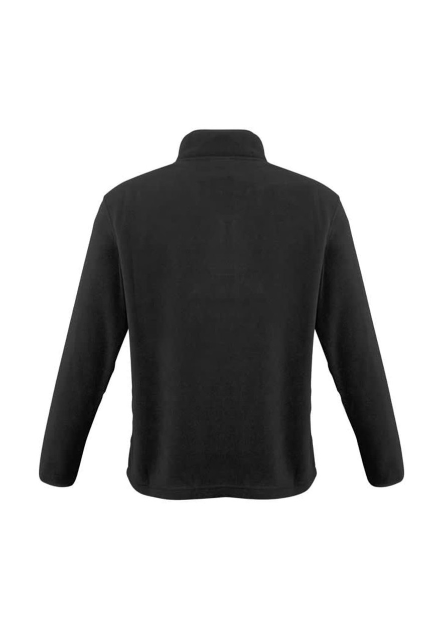 A black polar fleece jacket featuring a collar and long sleeves, with a simple design and branding on the back.