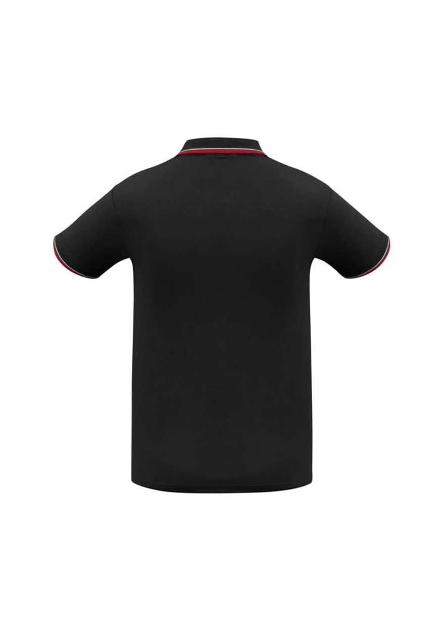A black short sleeve polo shirt featuring contrasting trim and a logo on the collar.