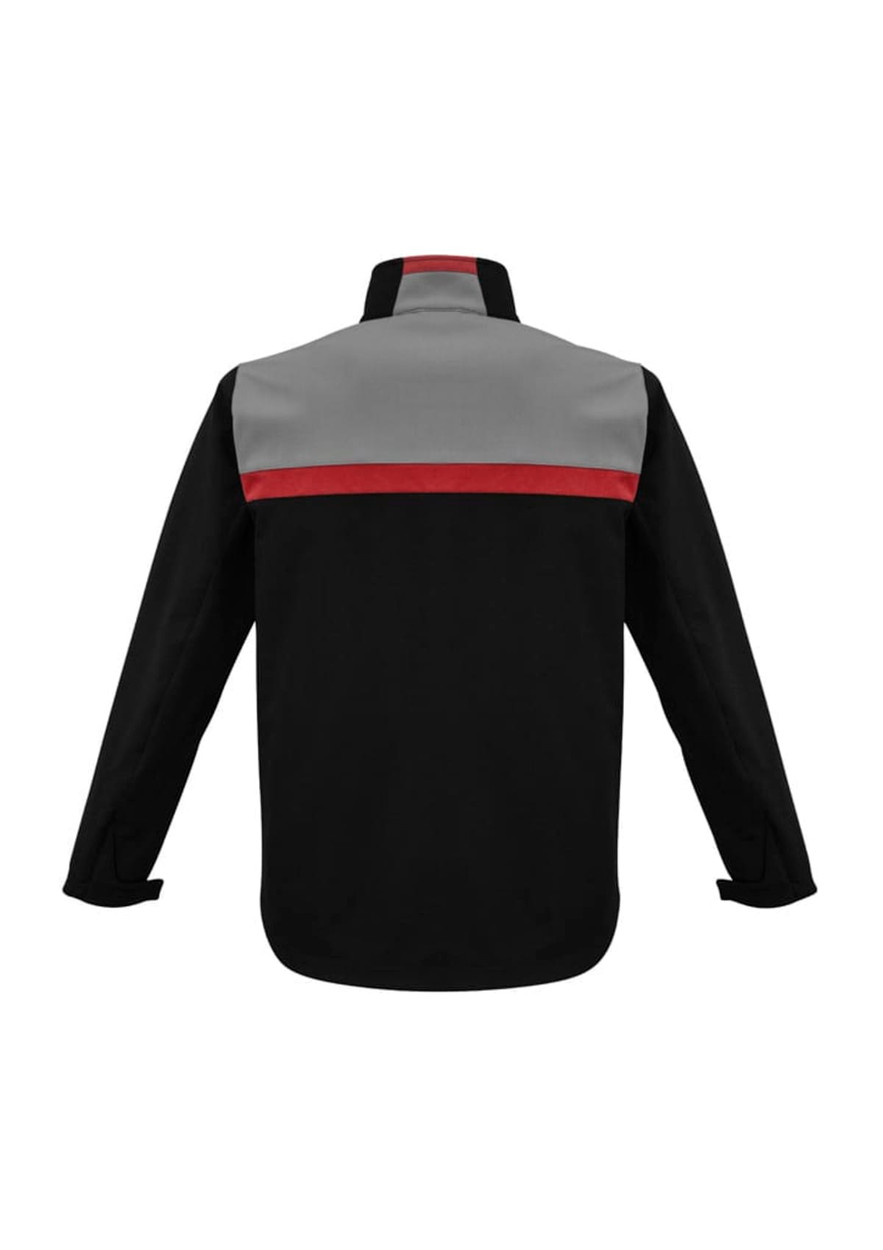 A unisex soft shell jacket featuring grey and red accents on a black background, with a collar and long sleeves.