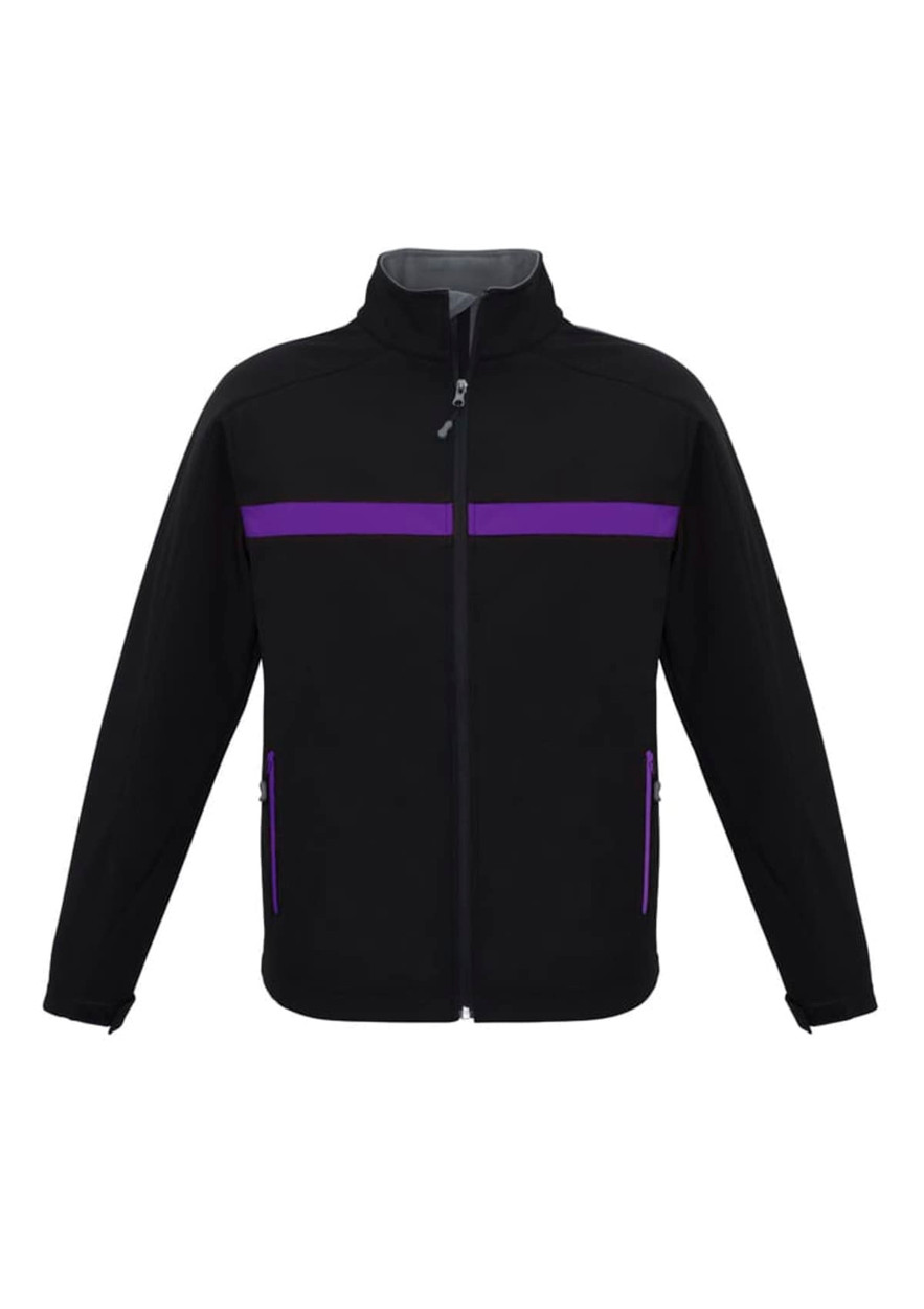 A black soft shell jacket with purple accents and zippered pockets, featuring a logo on the chest.