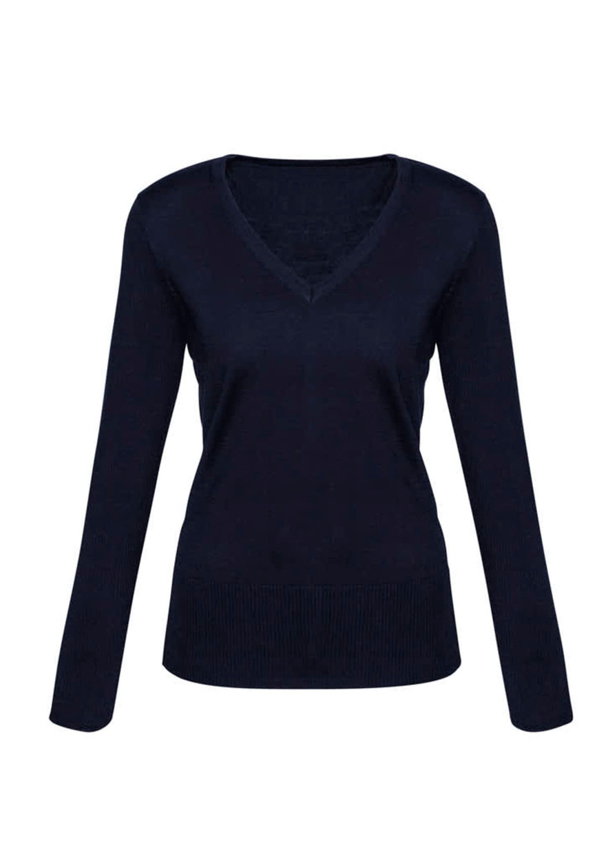 A women's Milano pullover in navy blue with a v-neckline and long sleeves. It features a fitted silhouette and ribbed hem.