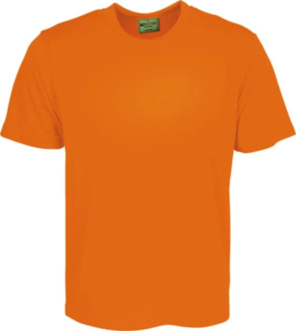 An orange unisex micromesh tee shirt without any logos or branding visible.