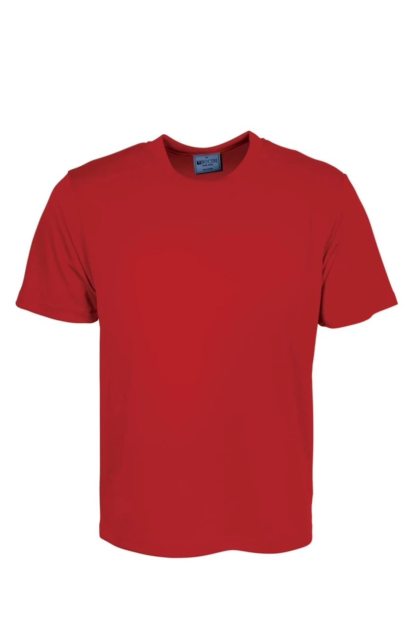 A plain red unisex micromesh T-shirt featuring a logo on the label.