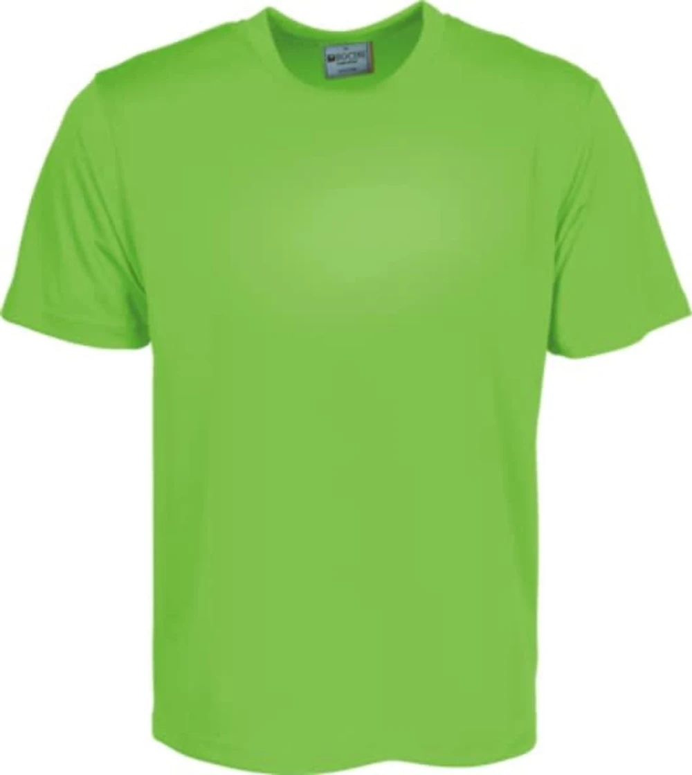 A bright green unisex micromesh T-shirt with short sleeves, featuring a logo on the tag.
