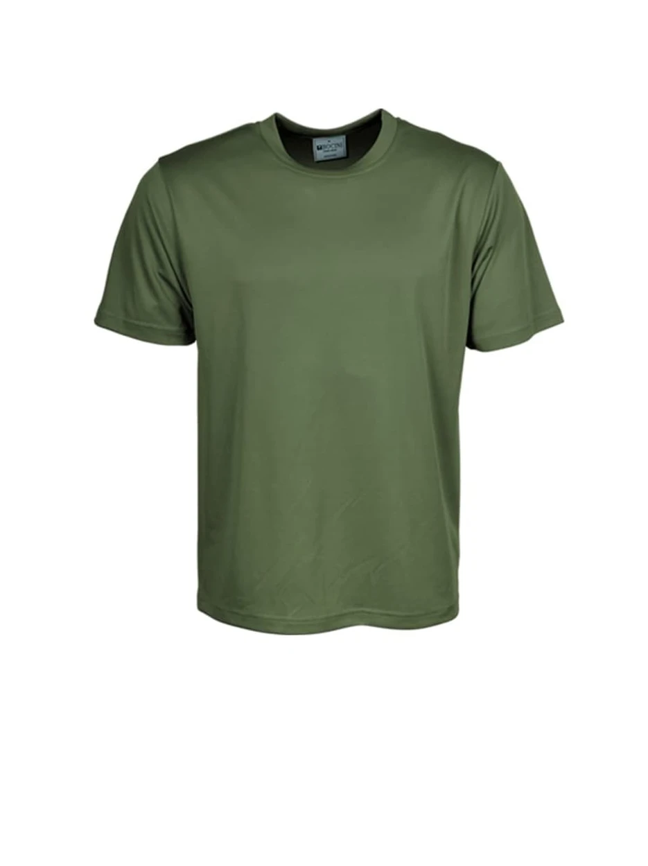 A plain green micromesh T-shirt made from breathable fabric, featuring a logo on the neckline.