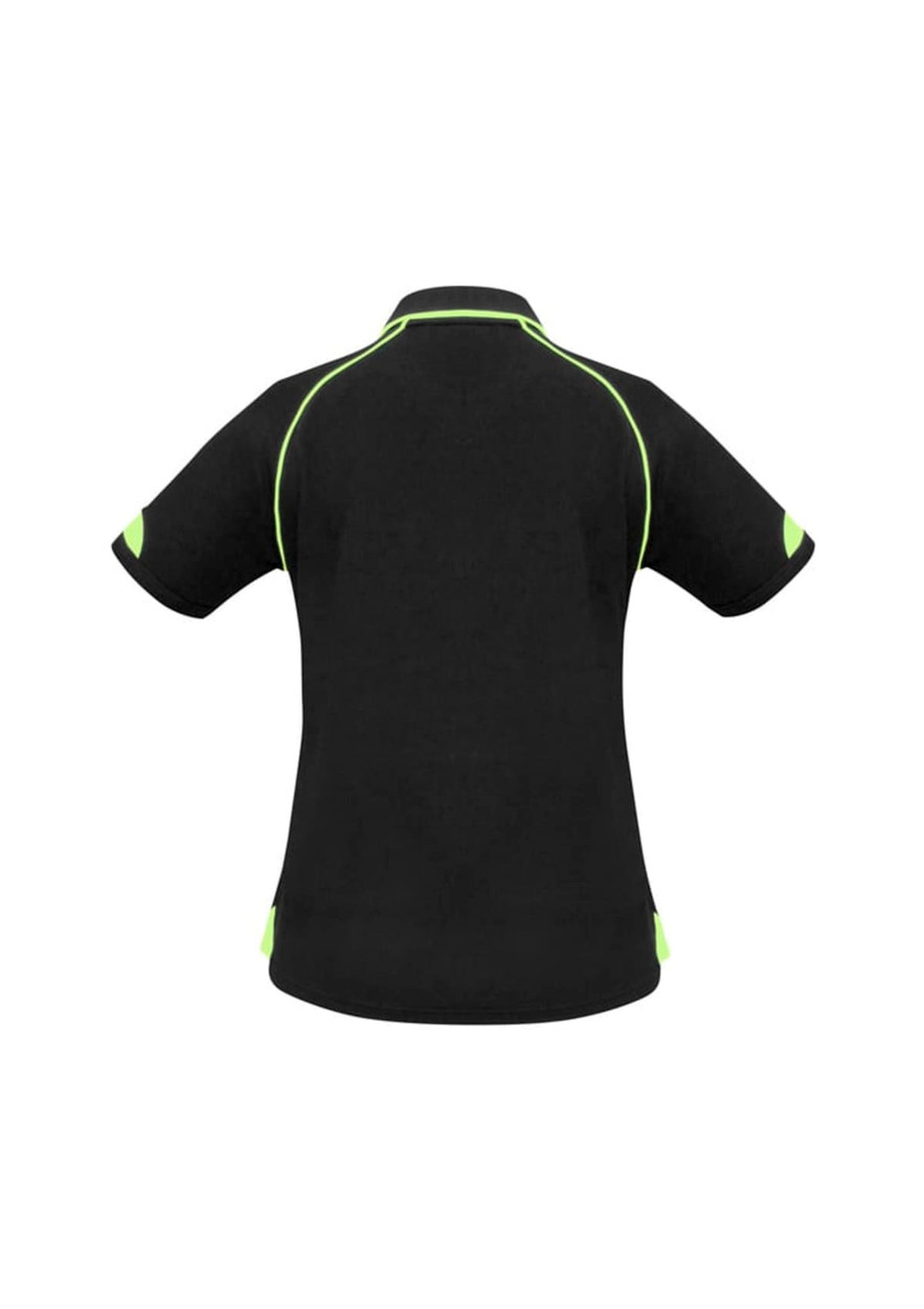 A black women's polo shirt featuring lime green accents and a logo. It has short sleeves and a classic collar.