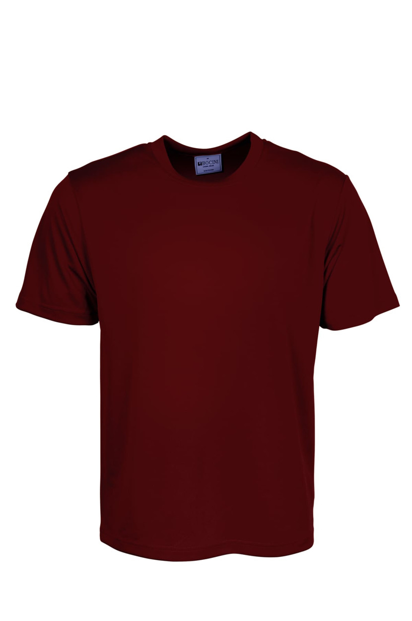 A plain maroon micromesh T-shirt featuring a round neck and short sleeves, with a logo on the label.