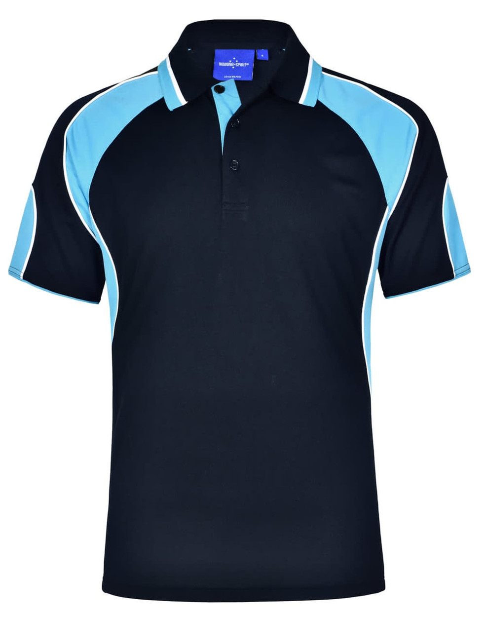 A black polo shirt featuring blue accents and a logo on the collar. Short sleeves with contrasting details.