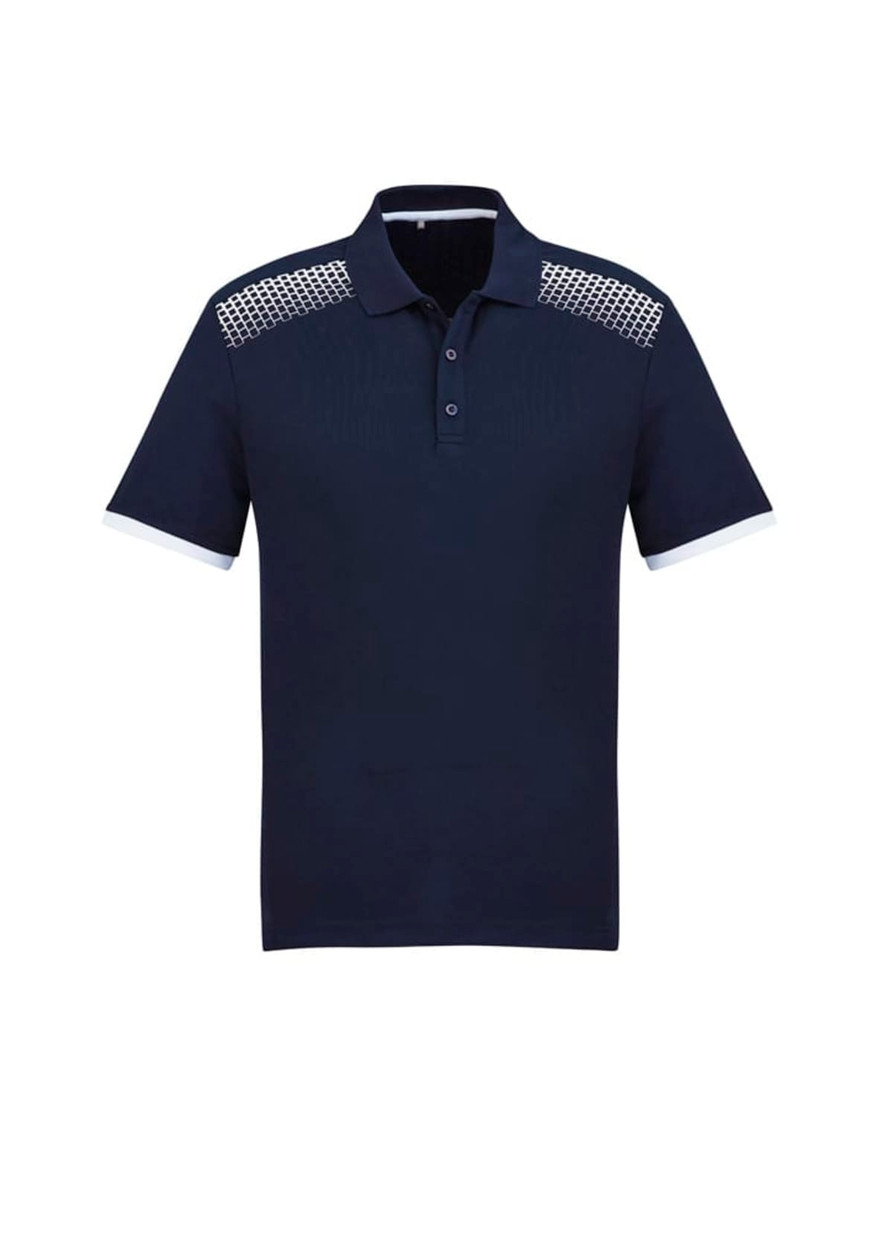 A navy short sleeve polo shirt featuring a patterned shoulder design and a logo on the chest.
