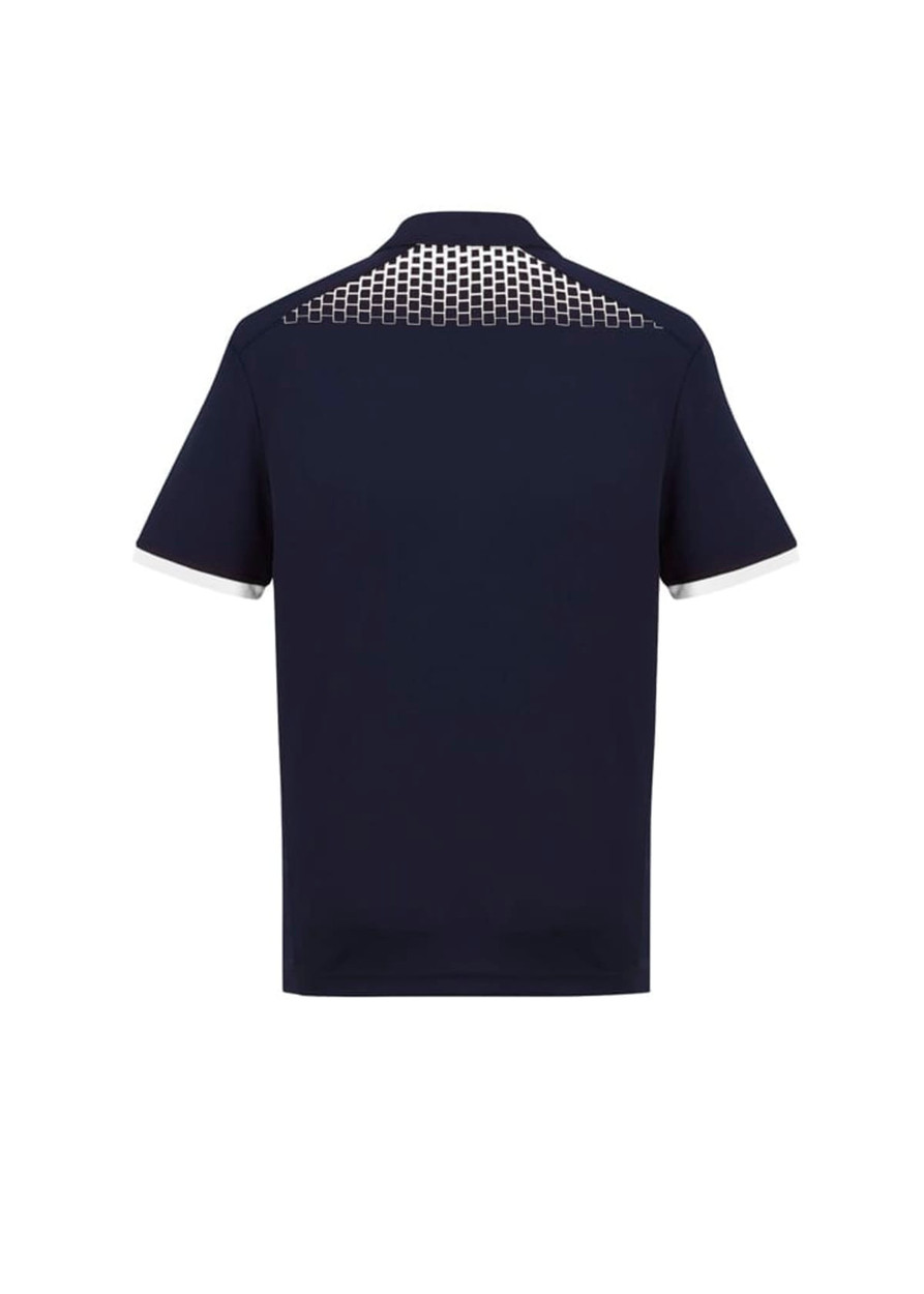 A navy short sleeve polo shirt featuring a patterned back and contrasting white collar. Includes a logo.