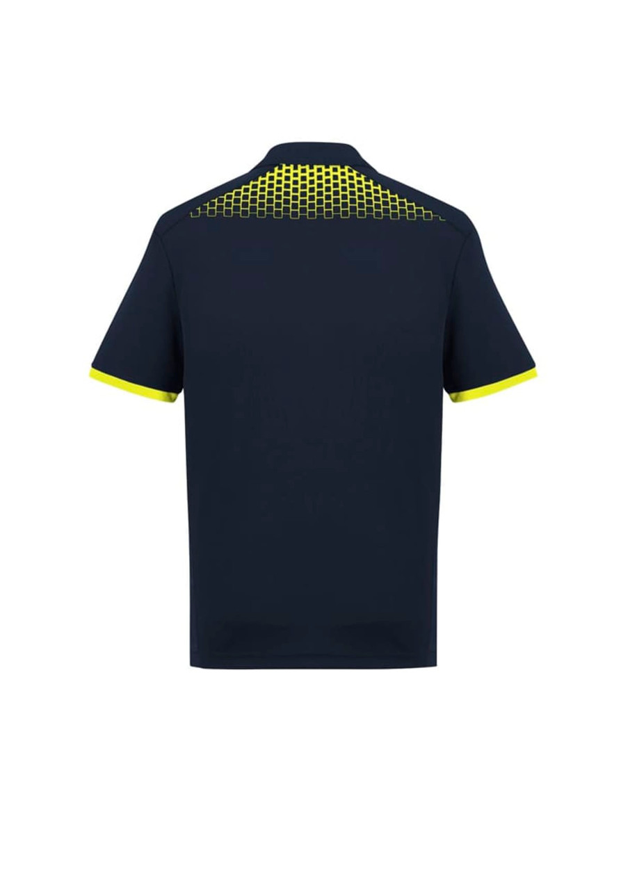 A navy short sleeve polo shirt featuring a grid pattern in bright yellow on the back. Includes a logo on the chest.
