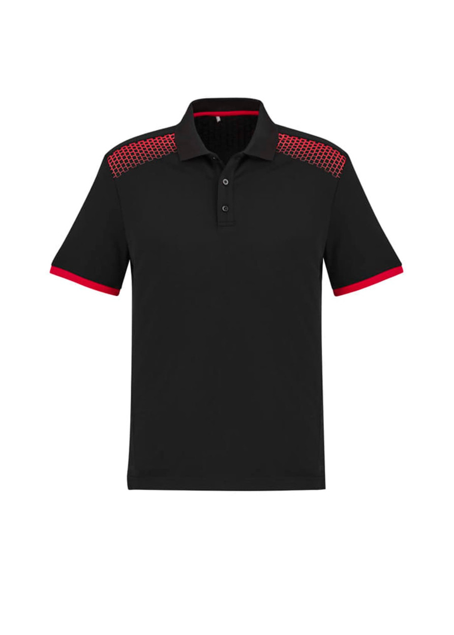 A black short sleeve polo shirt featuring red accents and a checkered pattern on the shoulders. It has a logo.