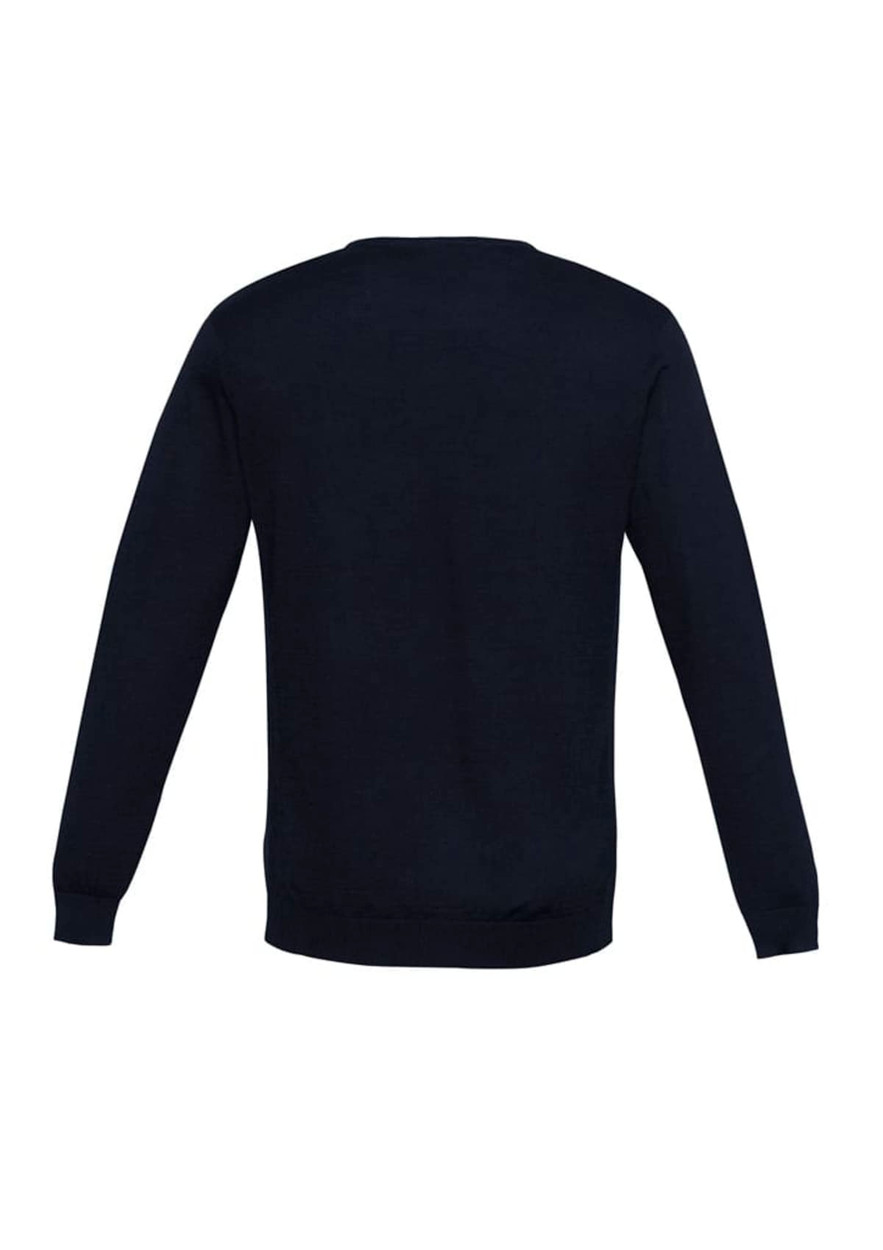 A dark navy pullover jumper with long sleeves and a round neck, featuring basic knit texture. It has a logo.
