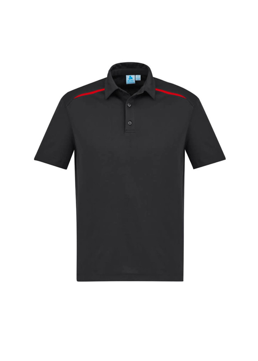 A black short sleeve polo shirt with red accents and a collar, featuring a logo on the chest.
