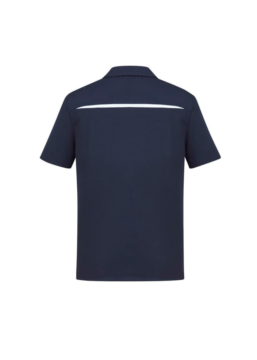 A navy short sleeve polo shirt featuring a white stripe and a logo on the back.
