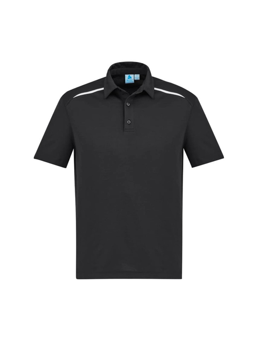 A black short sleeve polo shirt with a collar and side stripe detail. It features a logo on the front.