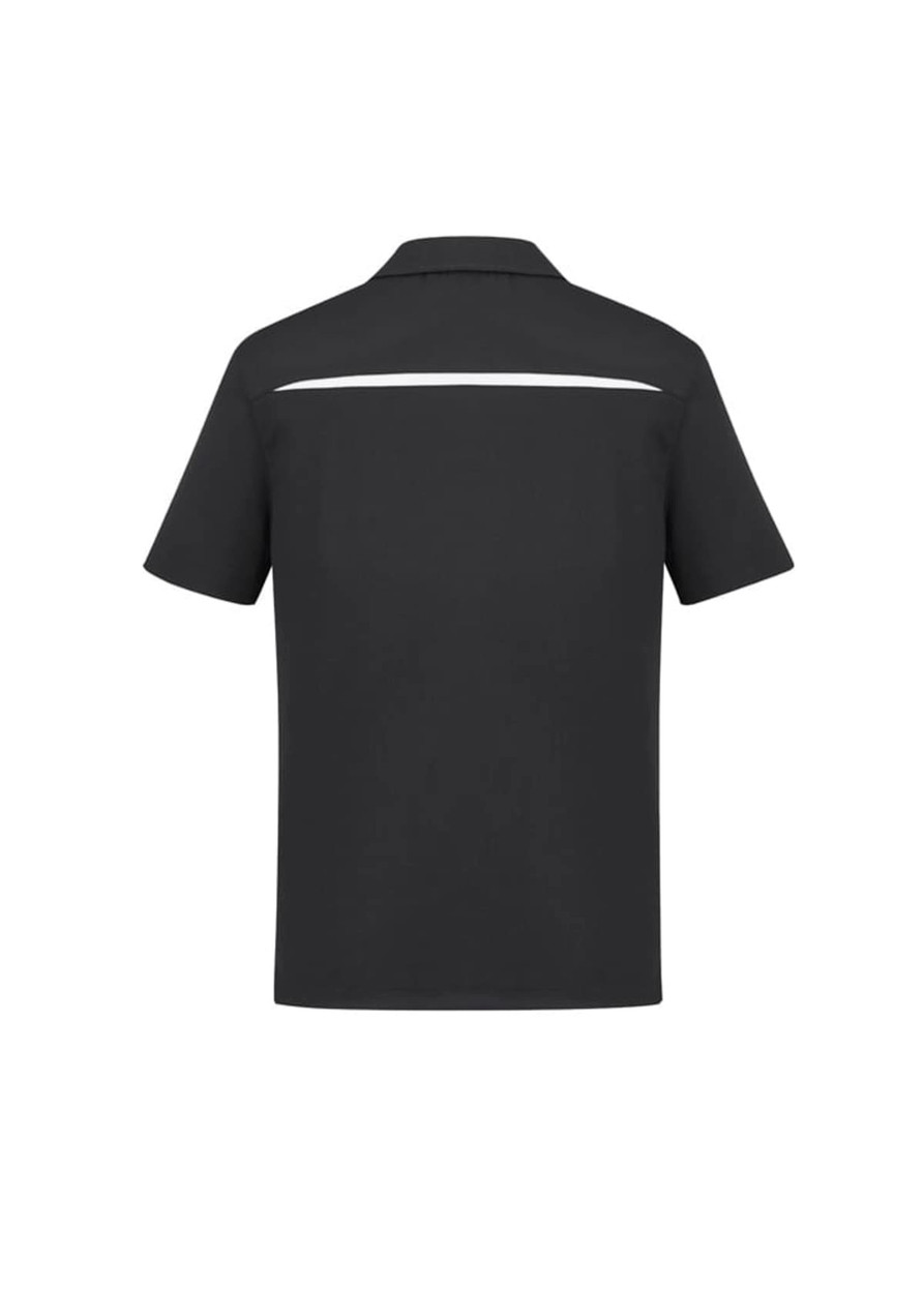 A black short sleeve polo shirt featuring a white accent stripe on the back and a logo.