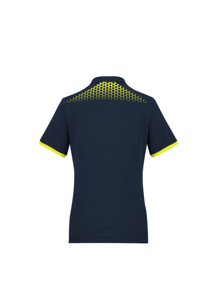 A women's short sleeve polo in navy with a patterned detail in bright yellow on the back. Features a logo.